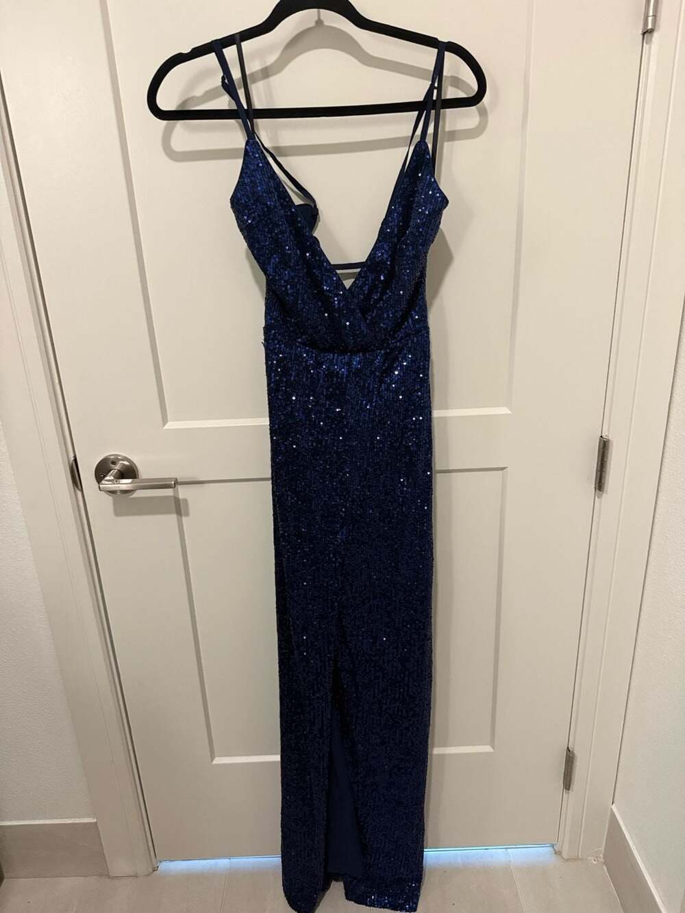 Cinderella Divine Navy Blue Sequin Spaghetti Strap V-Neck Slit Maxi Dress